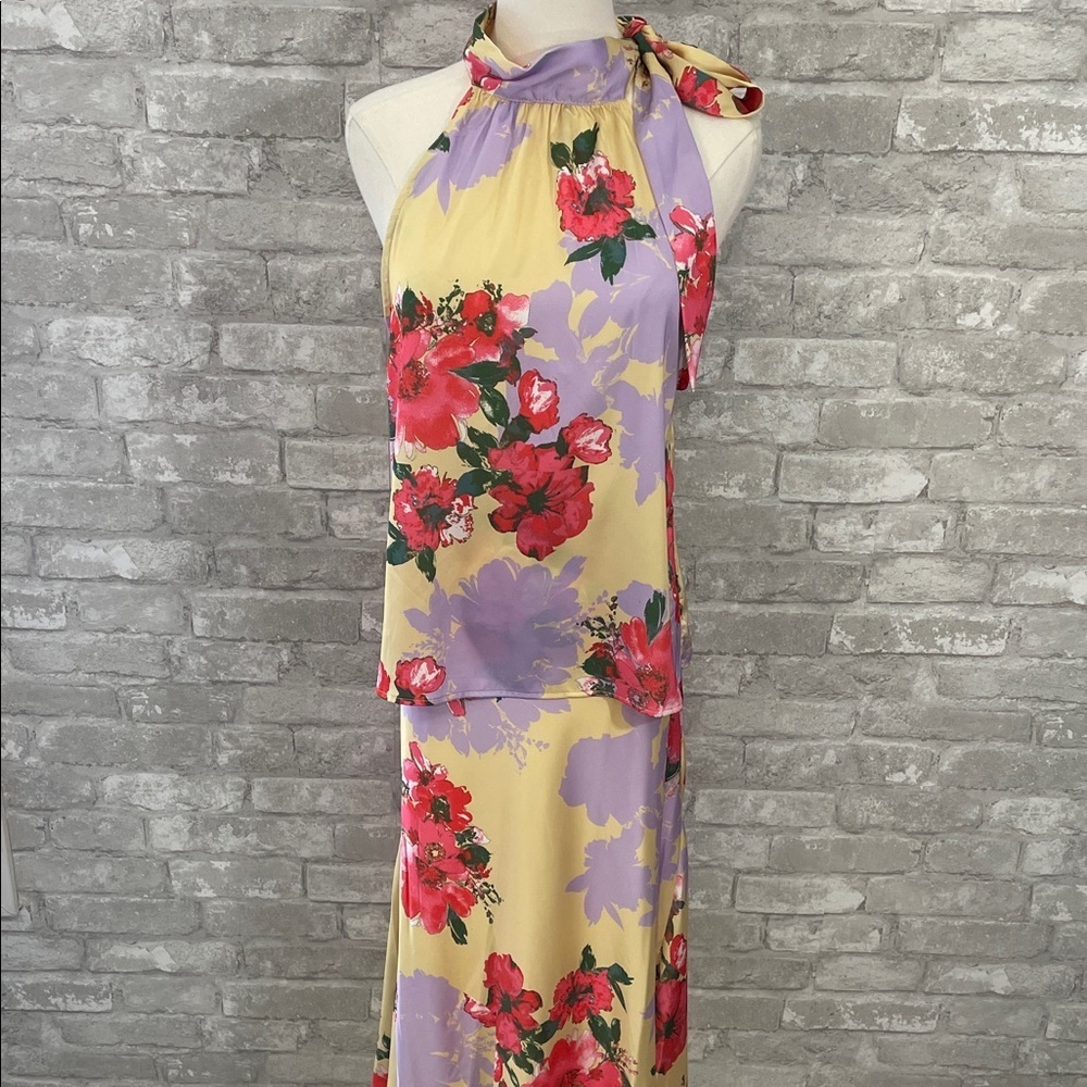 Dee Elly Satin Floral Halter Skirt Set - Red and Purple